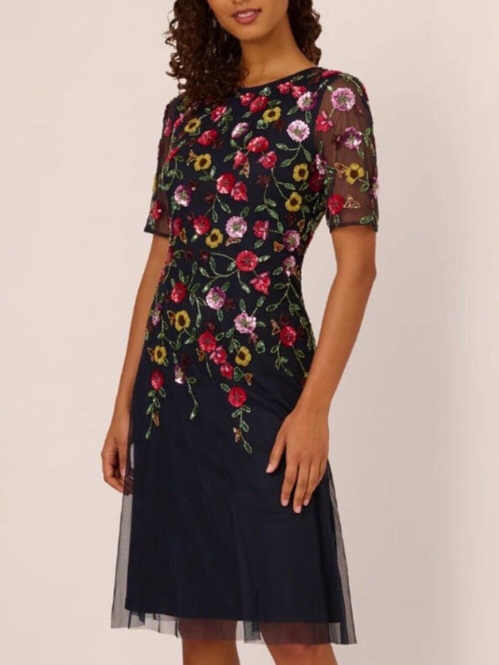 NWT Adrianna Papell Navy Blue Floral Beaded Mesh Midi Dress. Size 6